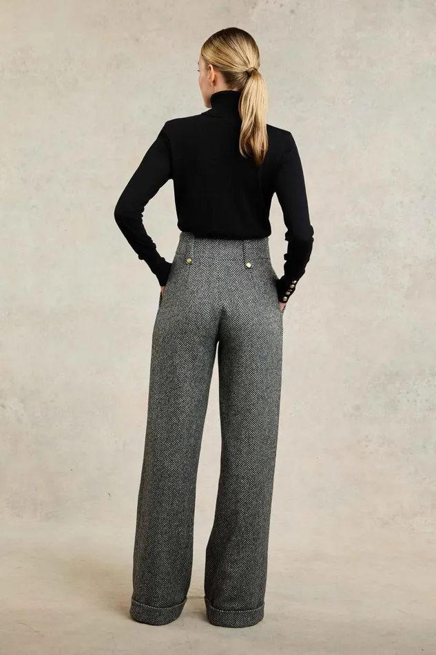 Holland Cooper High Waisted Wide Leg Trouser Wide Tooth Black Herringbone Women Tailoring Holland Cooper High Waisted Wide Leg Trouser Wide Tooth Black Herringbone Women Tailoring