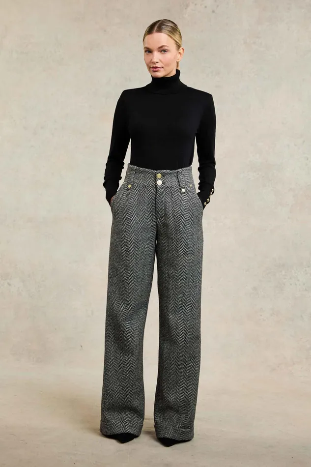Holland Cooper High Waisted Wide Leg Trouser Wide Tooth Black Herringbone Women Tailoring Holland Cooper High Waisted Wide Leg Trouser Wide Tooth Black Herringbone Women Tailoring