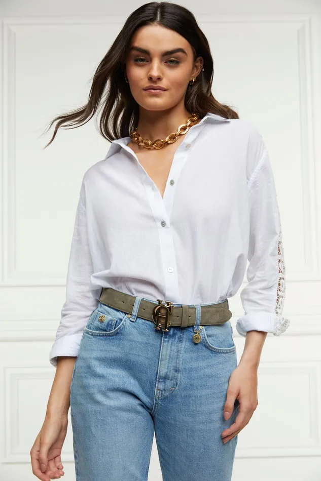 Holland Cooper Oversized Cotton Lace Shirt Tick Stripe Sky Blue Women Shirts and Blouses