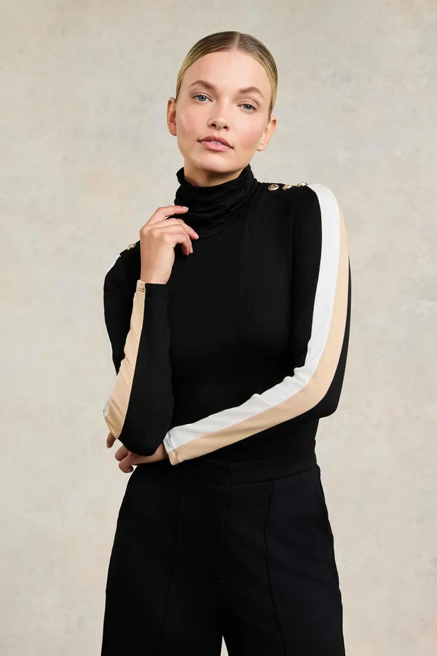 Holland Cooper Panel Long Sleeve Roll Neck Black Camel Women Tops