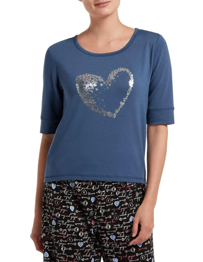 Hue Full Of Heart Short Sleeve Flowy Tee Vintage Indigo Women Tops