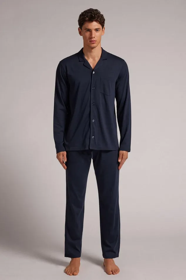 Intimissimi Long Pajamas Men Button Front Full Length Pajamas In Superior Cotton Blue 800 8211 Blu Notte Intimissimi Long Pajamas Men Button Front Full Length Pajamas In Superior Cotton Blue 800 8211 Blu Notte