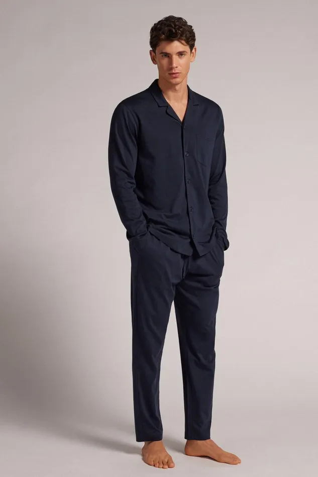 Intimissimi Long Pajamas Men Button Front Full Length Pajamas In Superior Cotton Blue 800 8211 Blu Notte