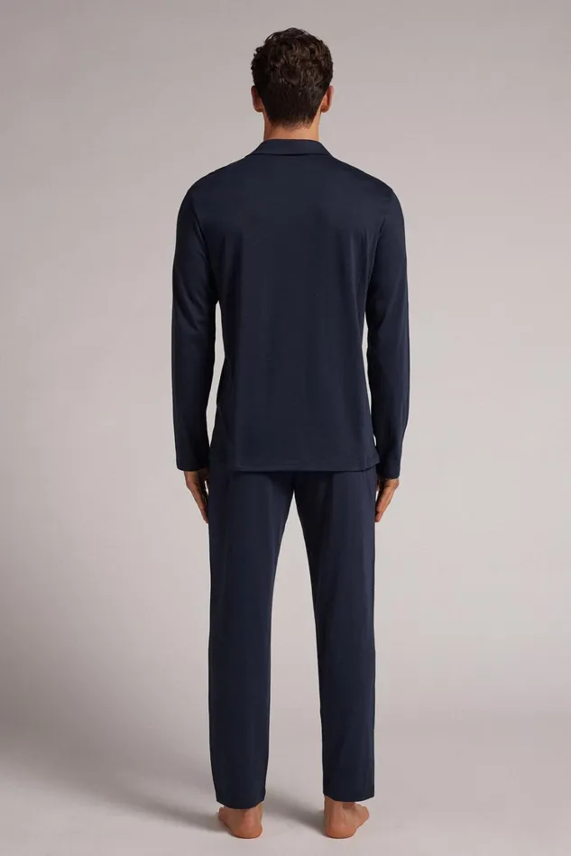 Intimissimi Long Pajamas Men Button Front Full Length Pajamas In Superior Cotton Blue 800 8211 Blu Notte