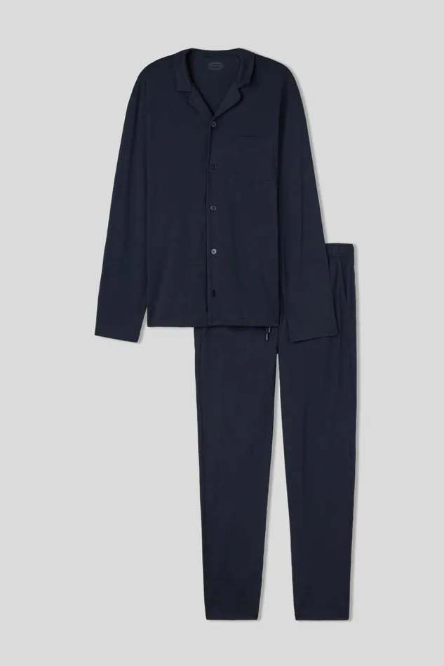 Intimissimi Long Pajamas Men Button Front Full Length Pajamas In Superior Cotton Blue 800 8211 Blu Notte