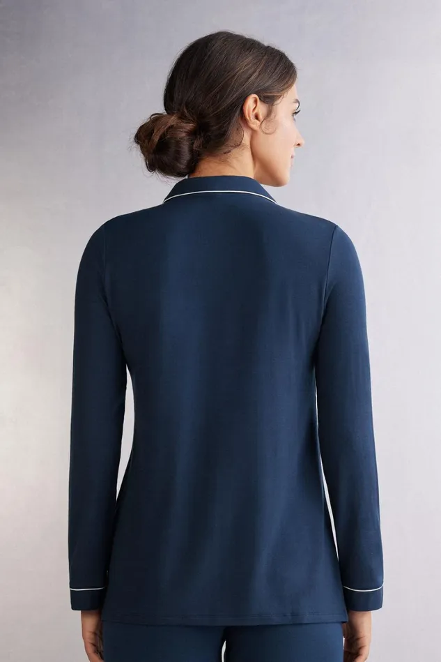 Intimissimi Long Pajamas Women LongSleeve Micromodal Pajama Top Blue 1467 8211 Intense Blue