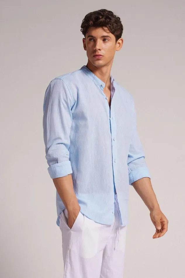 Intimissimi Long Sleeve Tops Men Band Collar Linen And Cotton Shirt Light Blue 979i 8211 Light Blue