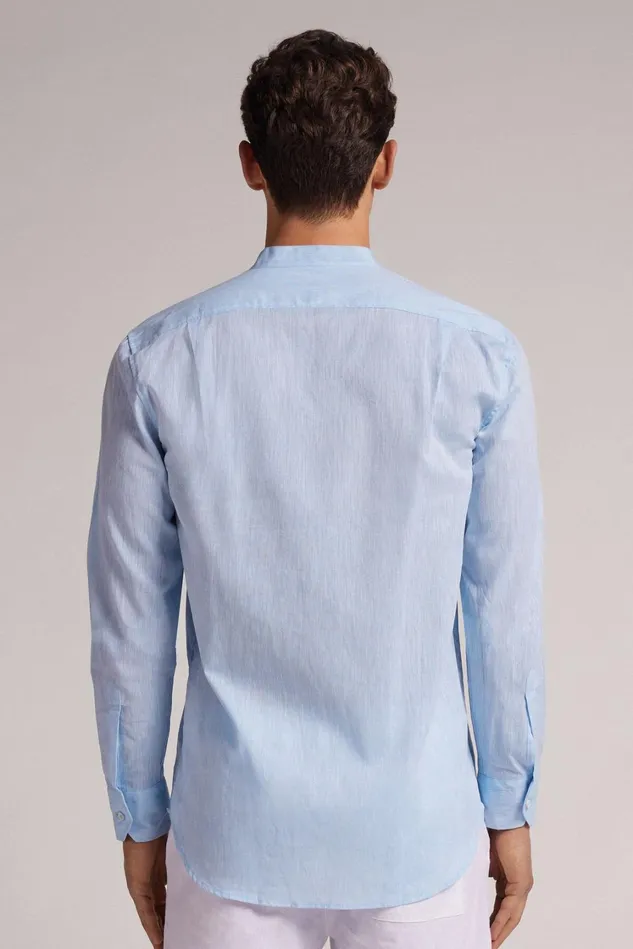 Intimissimi Long Sleeve Tops Men Band Collar Linen And Cotton Shirt Light Blue 979i 8211 Light Blue
