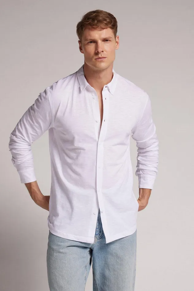 Intimissimi Long Sleeve Tops Men Slub Cotton Long Sleeve Shirt White 001 8211 White