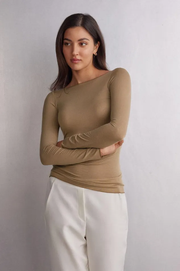 Intimissimi Long Sleeve Tops Women Boat Neck Modal Cashmere Ultralight Top Brown 233i 8211 Toffee Brown