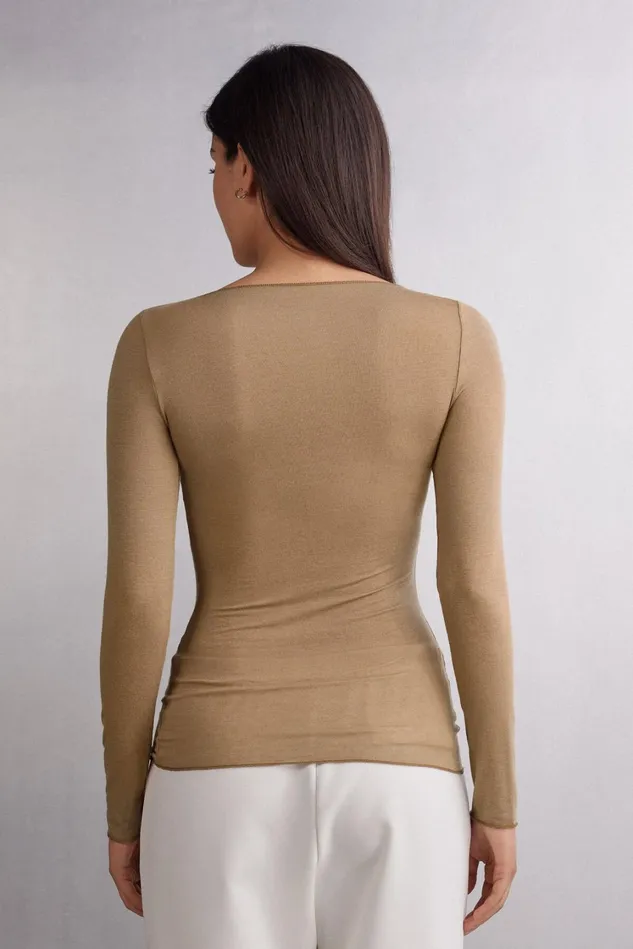Intimissimi Long Sleeve Tops Women Boat Neck Modal Cashmere Ultralight Top Brown 233i 8211 Toffee Brown
