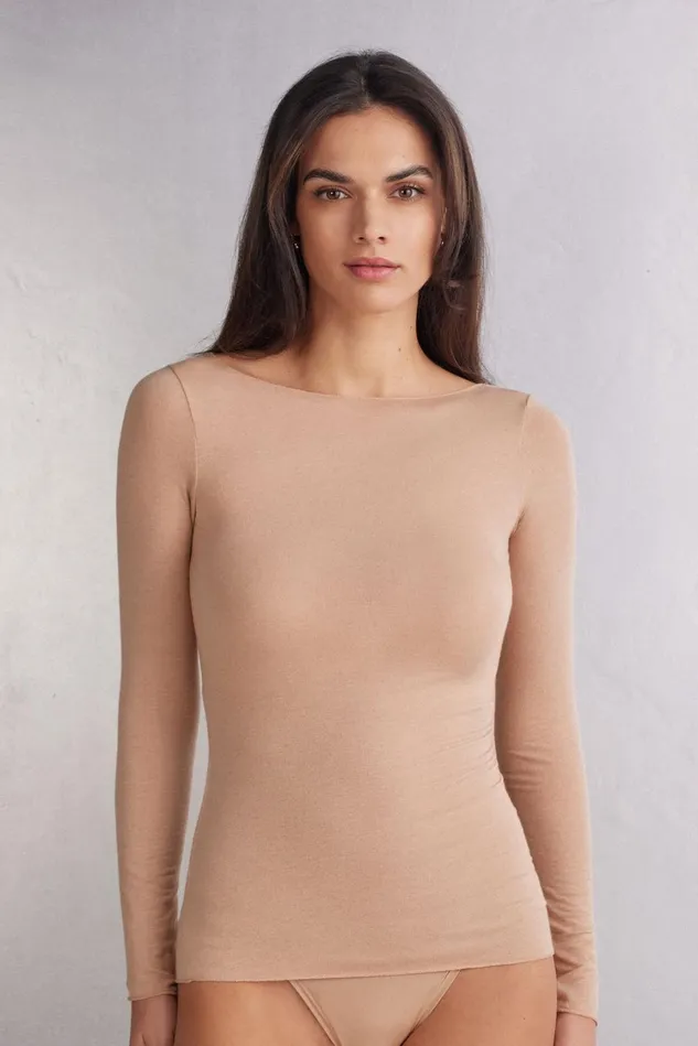 Intimissimi Long Sleeve Tops Women Boat Neck Modal Cashmere Ultralight Top Natural 044 8211 Honey Soft Beige