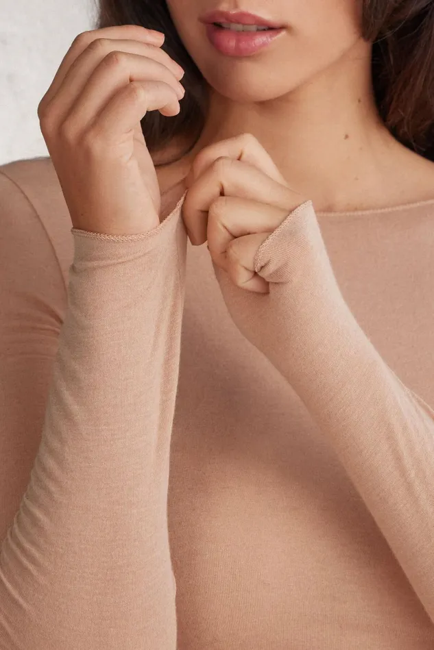 Intimissimi Long Sleeve Tops Women Boat Neck Modal Cashmere Ultralight Top Natural 044 8211 Honey Soft Beige