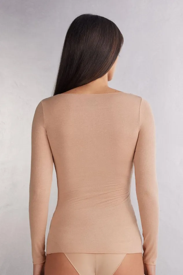 Intimissimi Long Sleeve Tops Women Boat Neck Modal Cashmere Ultralight Top Natural 044 8211 Honey Soft Beige