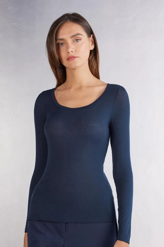Intimissimi Long Sleeve Tops Women Long Sleeve Scoop Neck Top In Ultralight Modal With Cashmere Blue 1467 8211 Intense Blue Intimissimi Long Sleeve Tops Women Long Sleeve Scoop Neck Top In Ultralight Modal With Cashmere Blue 1467 8211 Intense Blue