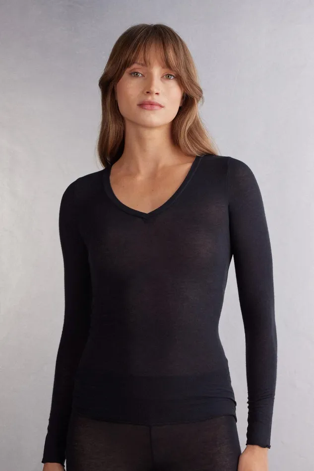 Intimissimi Long Sleeve Tops Women VNeck Top In Modal Ultralight With Cashmere Black 019 8211 Black Intimissimi Long Sleeve Tops Women VNeck Top In Modal Ultralight With Cashmere Black 019 8211 Black