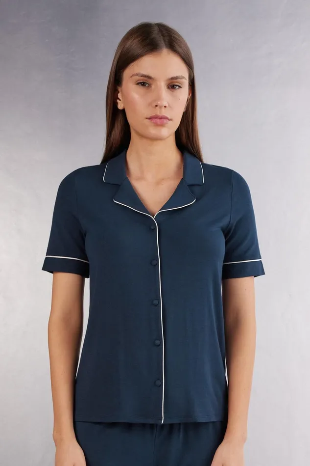 Intimissimi Short Pajamas Women Short Sleeve Button Up Shirt In Modal Blue 1467 8211 Intense Blue Intimissimi Short Pajamas Women Short Sleeve Button Up Shirt In Modal Blue 1467 8211 Intense Blue