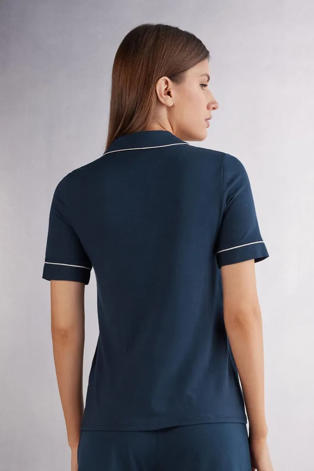 Intimissimi Short Pajamas Women Short Sleeve Button Up Shirt In Modal Blue 1467 8211 Intense Blue