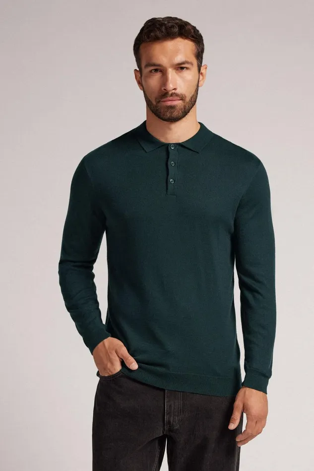 Intimissimi Sweatshirts Men Long Sleeve Knit Polo Green 132j 8211 Verde Scuro