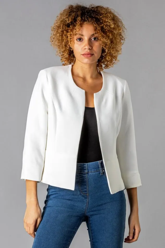Ivory 34 Sleeve Textured Cropped Jacket Women Roman Occasionwear