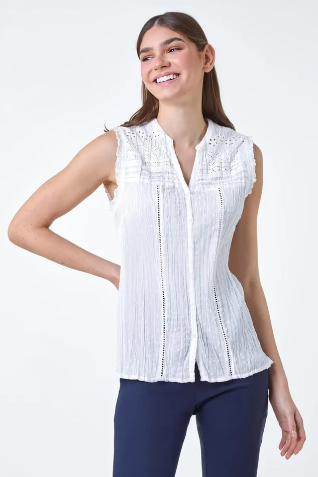 Ivory Broderie Crinkle VNeck Cotton Top Women Roman Tops