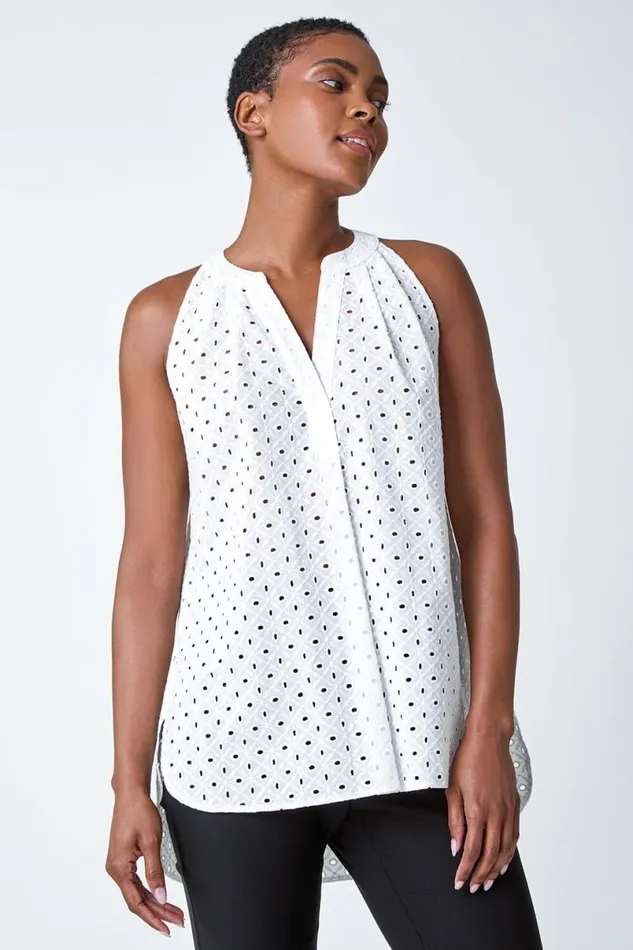 Ivory Broderie VNeck Cotton Tunic Top Women Roman Tops