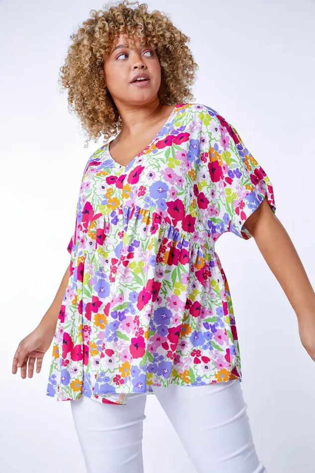 Ivory Curve Floral Gathered VNeck Tunic Smock Top Women Roman Tops