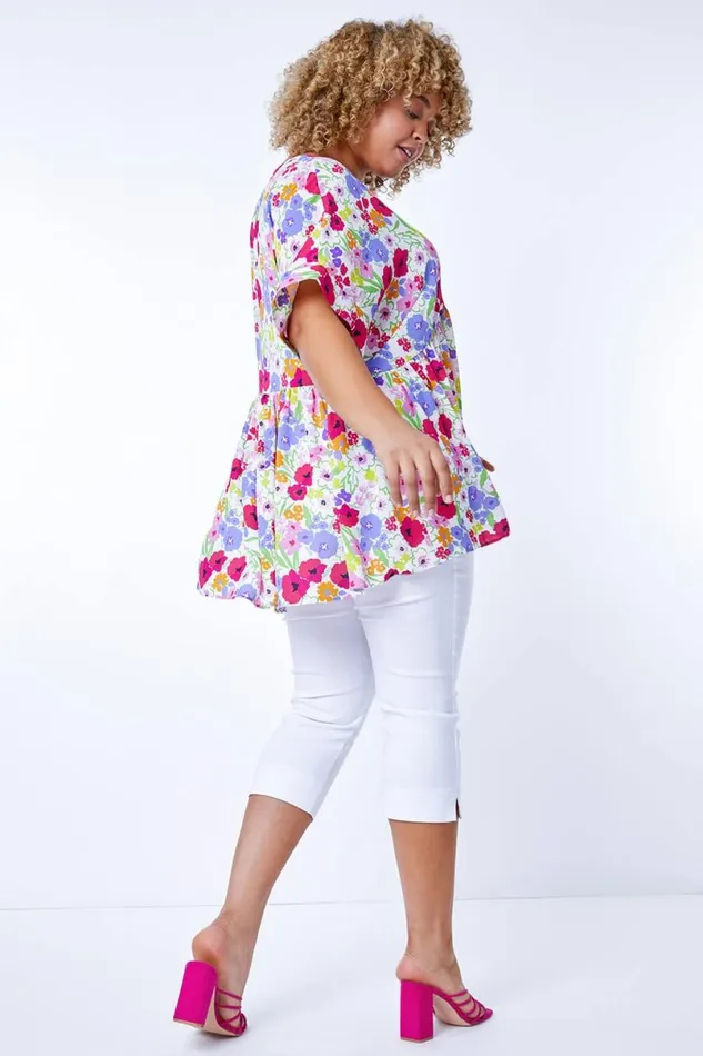Ivory Curve Floral Gathered VNeck Tunic Smock Top Women Roman Tops