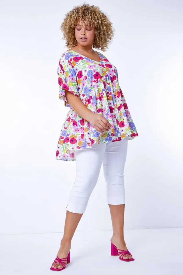 Ivory Curve Floral Gathered VNeck Tunic Smock Top Women Roman Tops