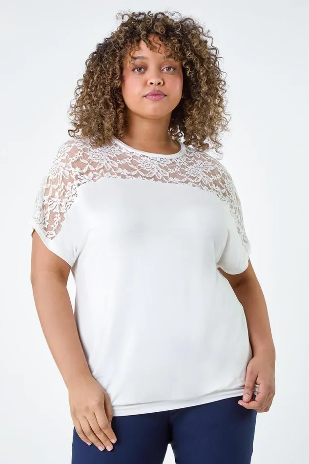Ivory Curve Lace Yoke Stretch Bubble Hem Top Women Roman Tops