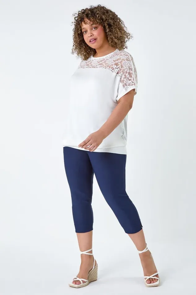 Ivory Curve Lace Yoke Stretch Bubble Hem Top Women Roman Tops