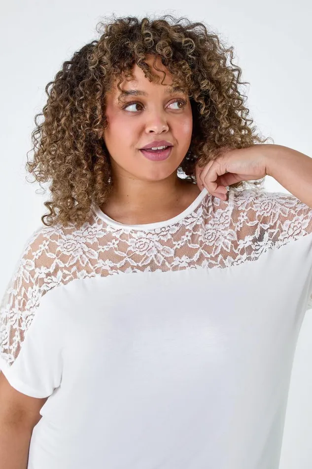 Ivory Curve Lace Yoke Stretch Bubble Hem Top Women Roman Tops