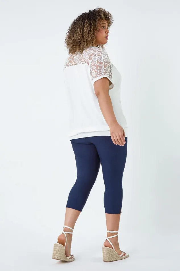 Ivory Curve Lace Yoke Stretch Bubble Hem Top Women Roman Tops