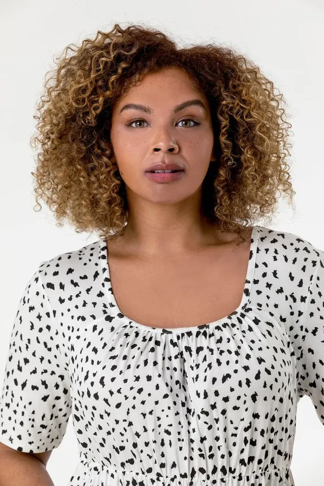 Ivory Curve Spot Print Gathered Top Women Roman Tops