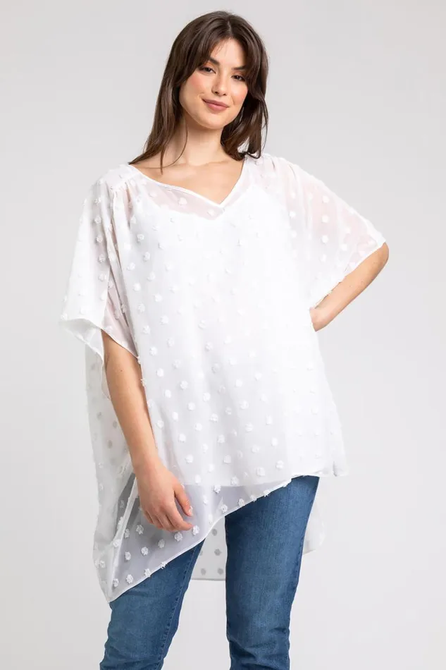 Ivory Curve Textured Spot Chiffon Overlay Tunic Top Women Roman Tops