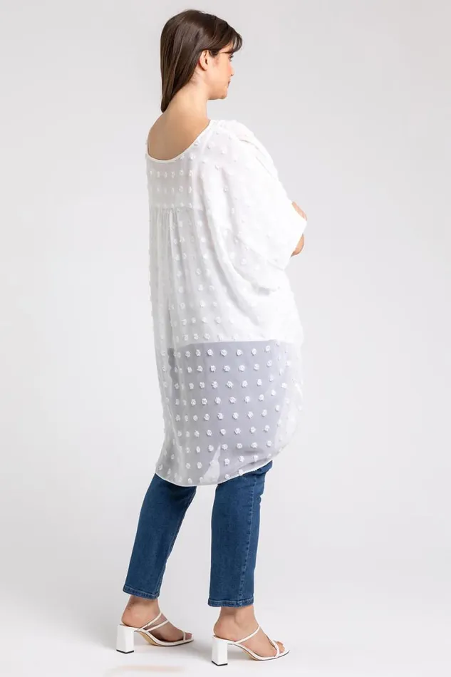 Ivory Curve Textured Spot Chiffon Overlay Tunic Top Women Roman Tops