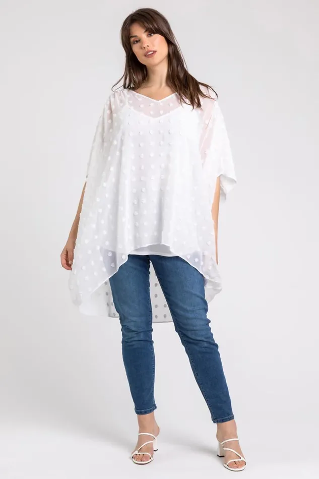 Ivory Curve Textured Spot Chiffon Overlay Tunic Top Women Roman Tops