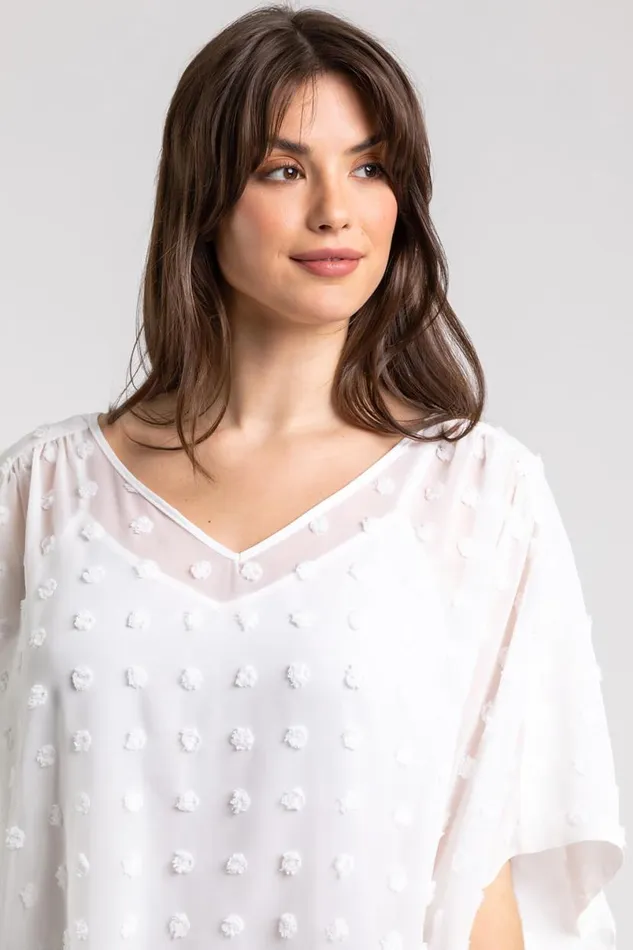 Ivory Curve Textured Spot Chiffon Overlay Tunic Top Women Roman Tops
