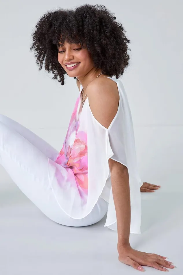 Ivory Floral Print Cold Shoulder Overlay Top Women Roman Tops