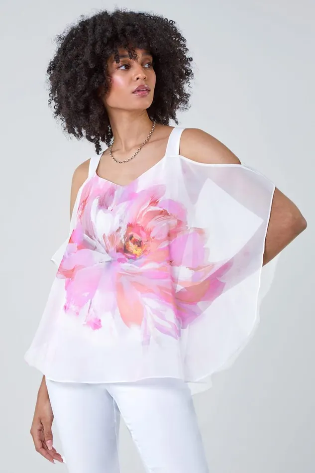 Ivory Floral Print Cold Shoulder Overlay Top Women Roman Tops