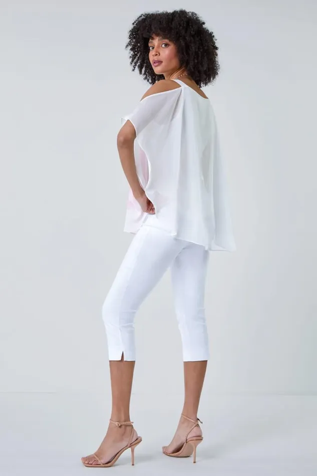 Ivory Floral Print Cold Shoulder Overlay Top Women Roman Tops