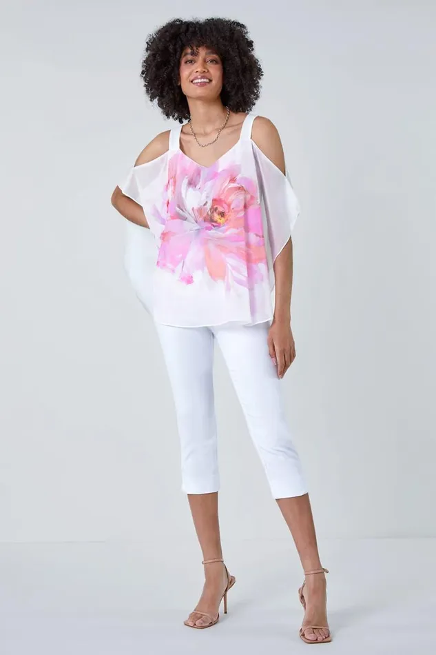Ivory Floral Print Cold Shoulder Overlay Top Women Roman Tops