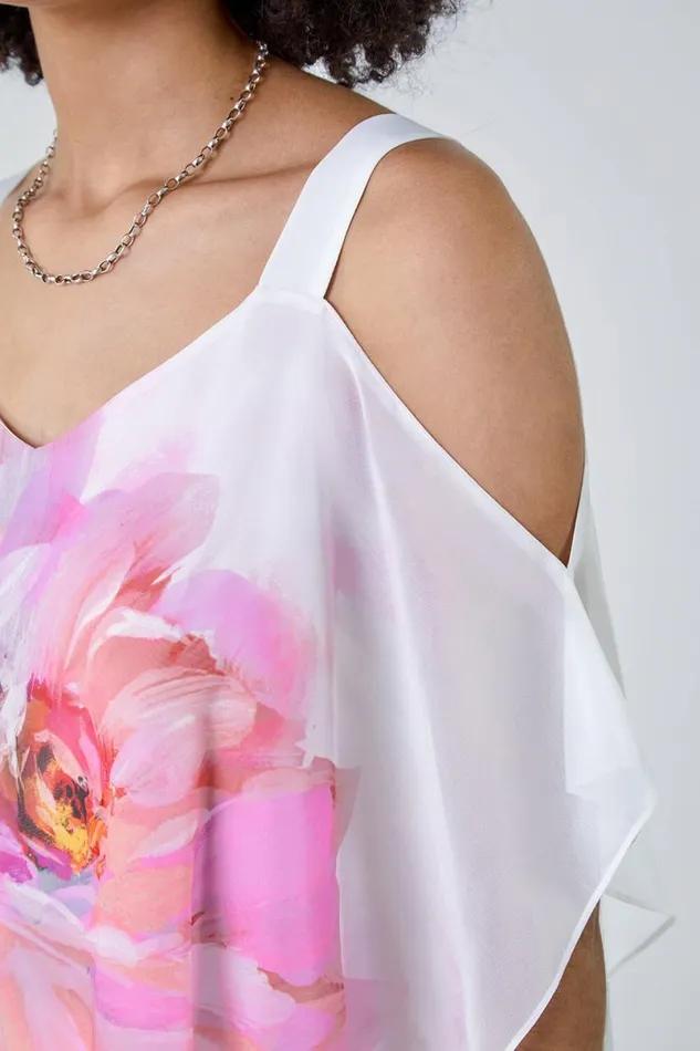 Ivory Floral Print Cold Shoulder Overlay Top Women Roman Tops