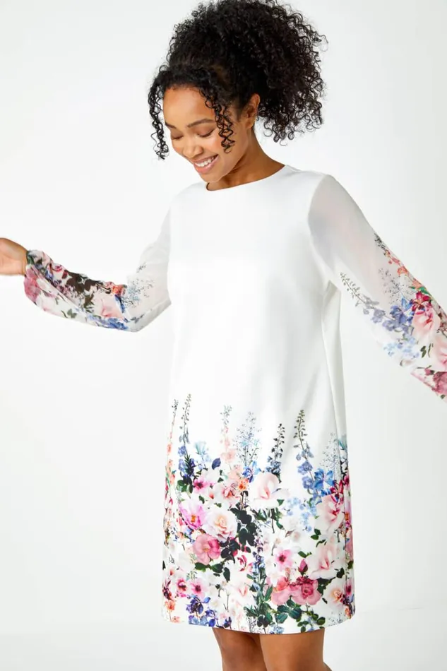 Ivory Petite Premium Stretch Floral Shift Dress Women Roman Dresses