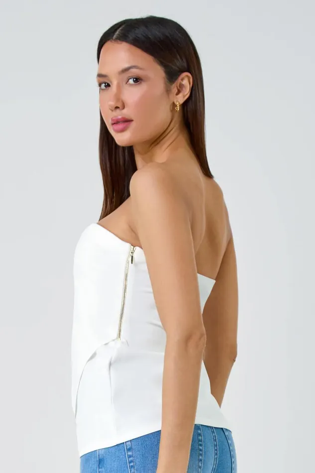 Ivory Plain Asymmetric Zip Detail Bandeau Top Women Roman Tops