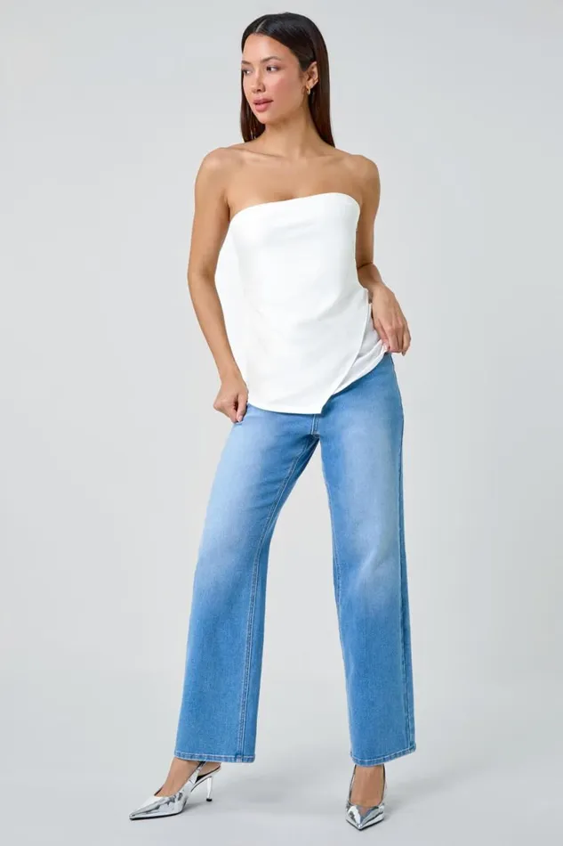 Ivory Plain Asymmetric Zip Detail Bandeau Top Women Roman Tops