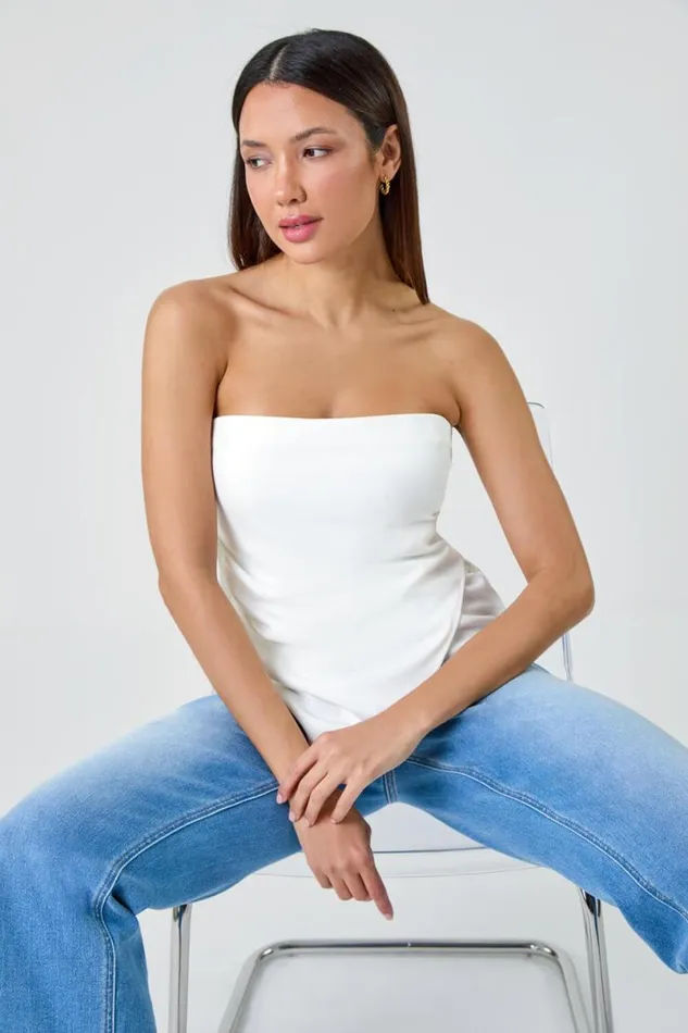 Ivory Plain Asymmetric Zip Detail Bandeau Top Women Roman Tops