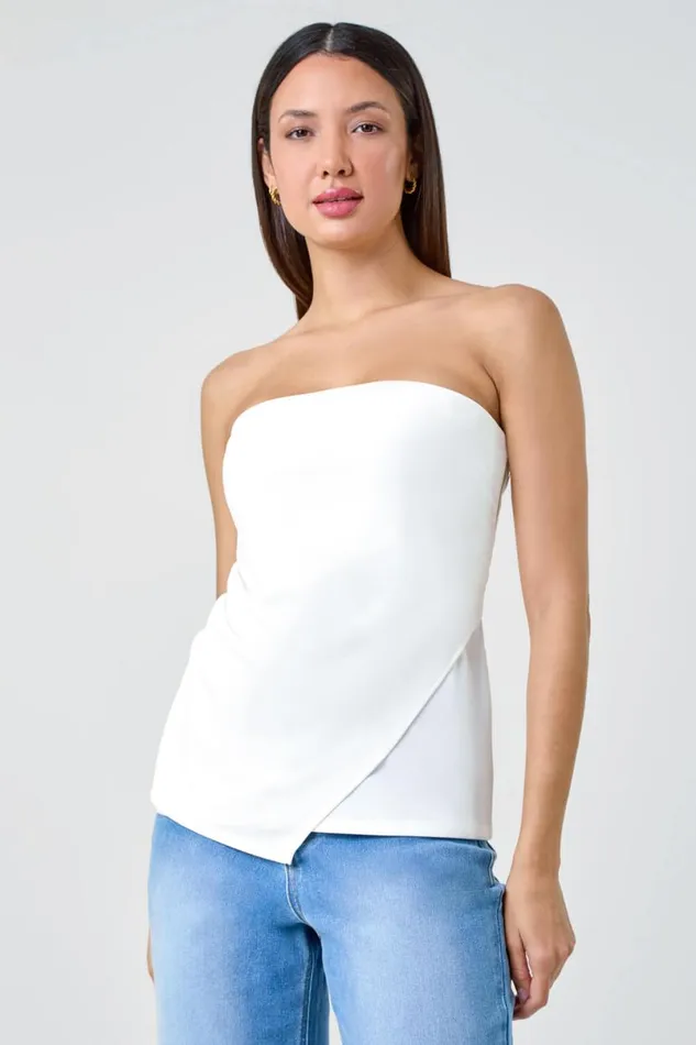 Ivory Plain Asymmetric Zip Detail Bandeau Top Women Roman Tops