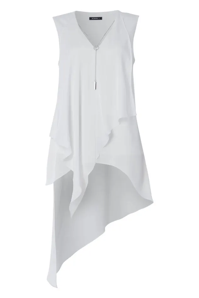 Ivory Sleeveless Asymmetric Necklace Trim Top Women Roman Tops