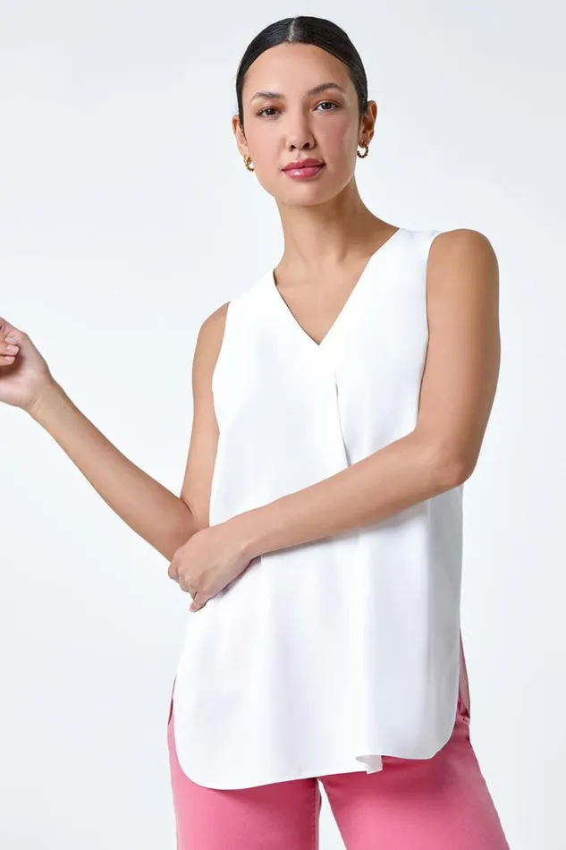 Ivory VNeck Sleeveless Pleat Chiffon Vest Top Women Roman Tops